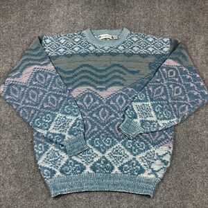Vintage Saturdays Mens Blue Geometric Knit Crew Neck Sweater‎ Size M 90s Retro